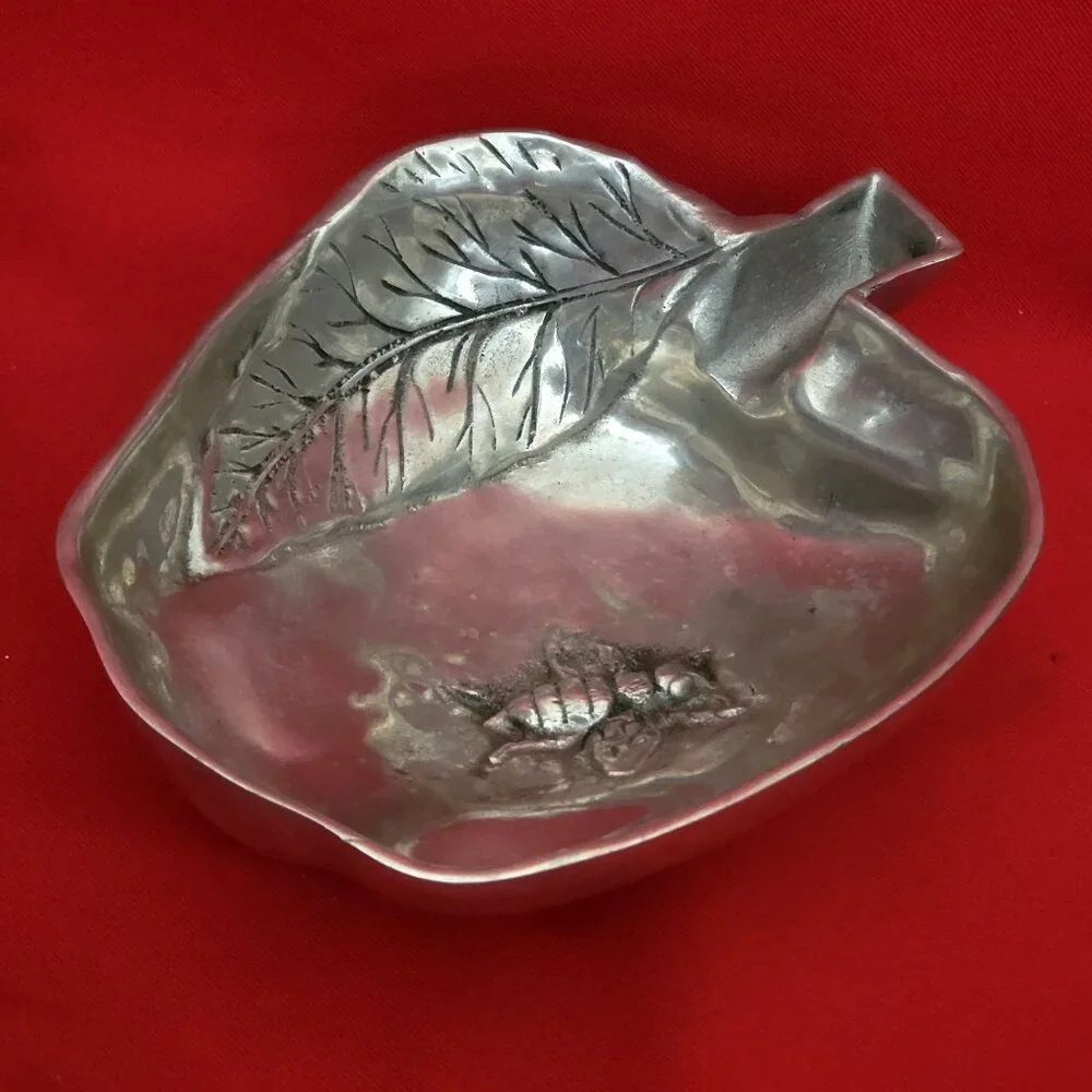 Vintage Metal Apple Shape Trinket Dish Leaf Design Bumblebee